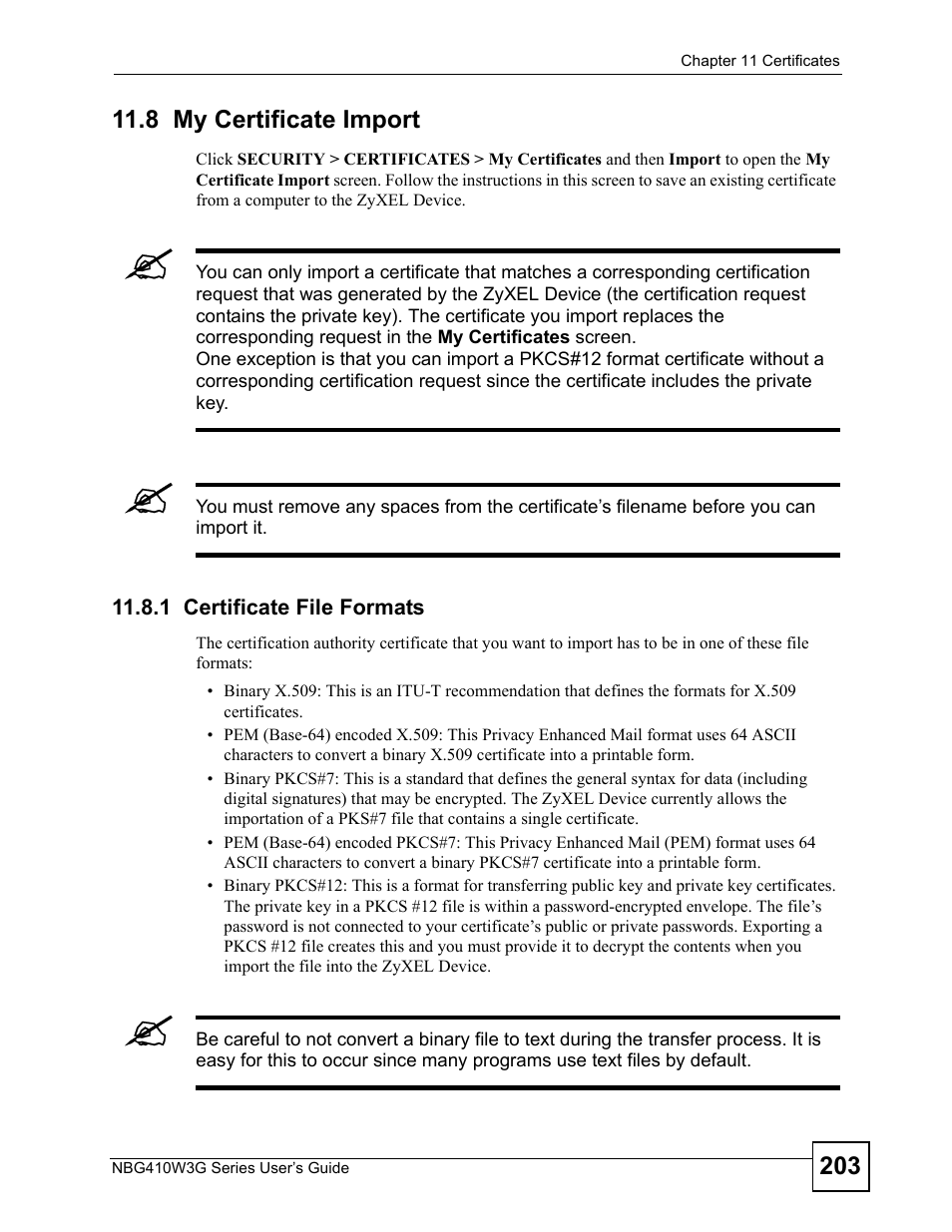 8 my certificate import, 1 certificate file formats | ZyXEL Communications NBG410W3G User Manual | Page 203 / 430