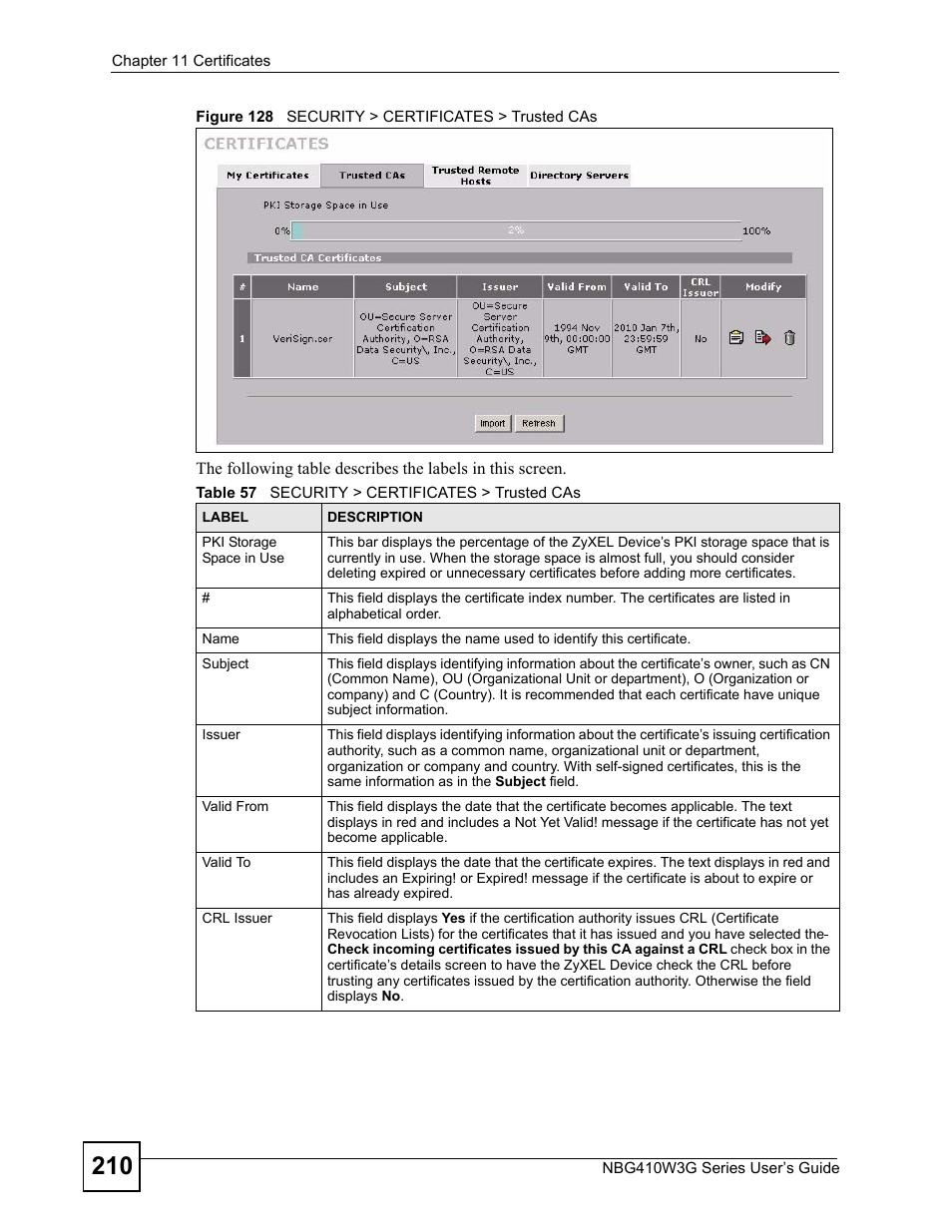 Figure 128 security > certificates > trusted cas, Table 57 security > certificates > trusted cas | ZyXEL Communications NBG410W3G User Manual | Page 210 / 430