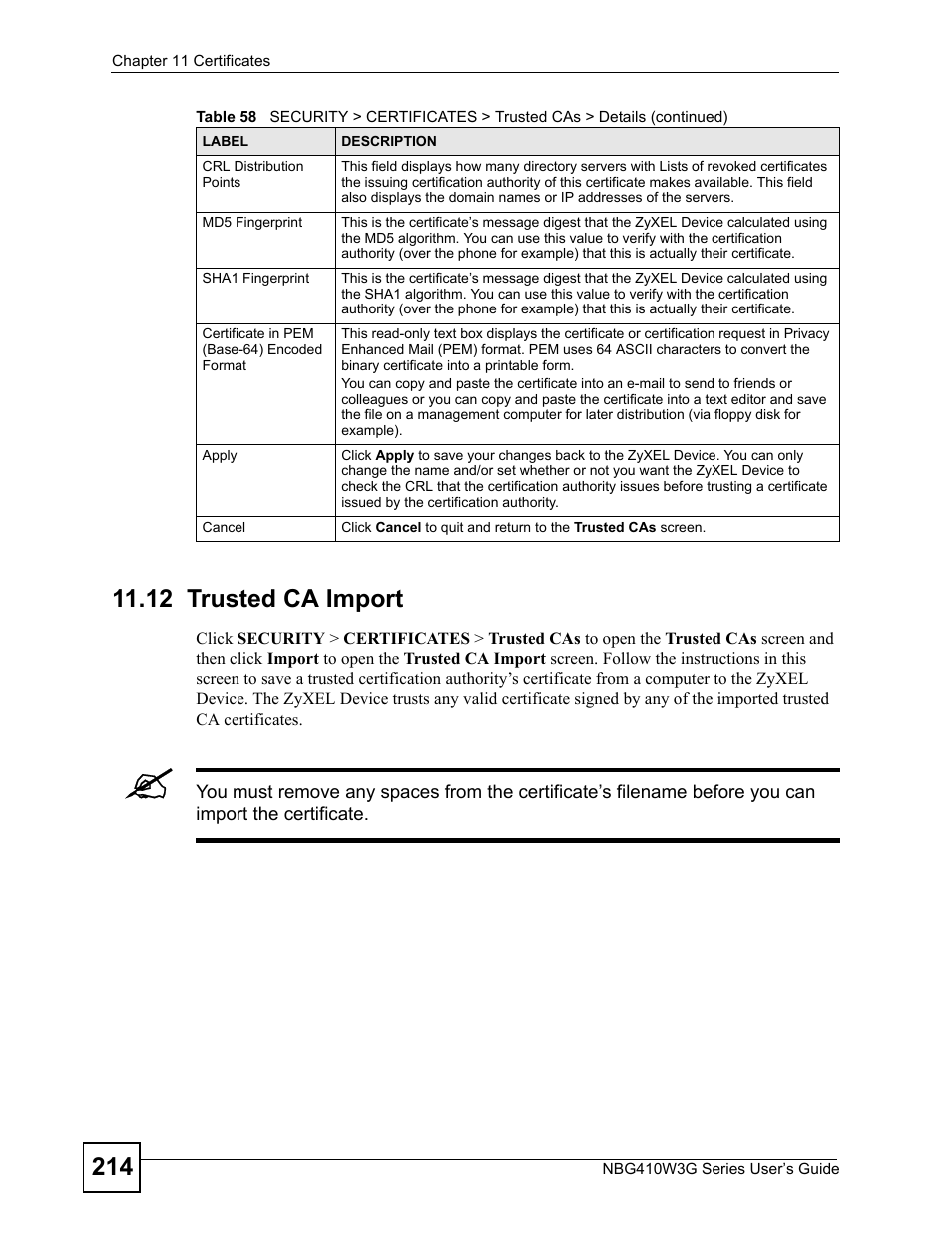 12 trusted ca import | ZyXEL Communications NBG410W3G User Manual | Page 214 / 430