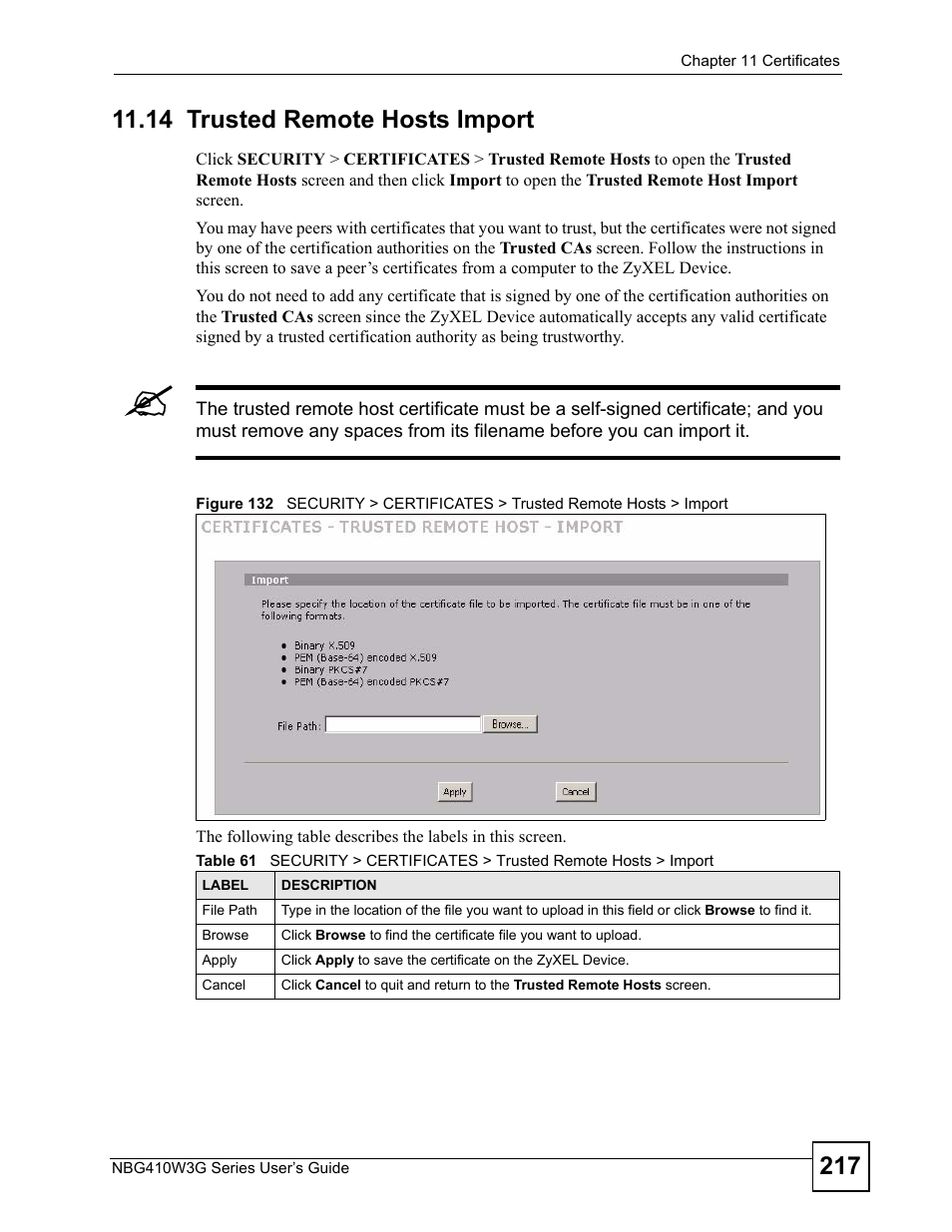 14 trusted remote hosts import | ZyXEL Communications NBG410W3G User Manual | Page 217 / 430