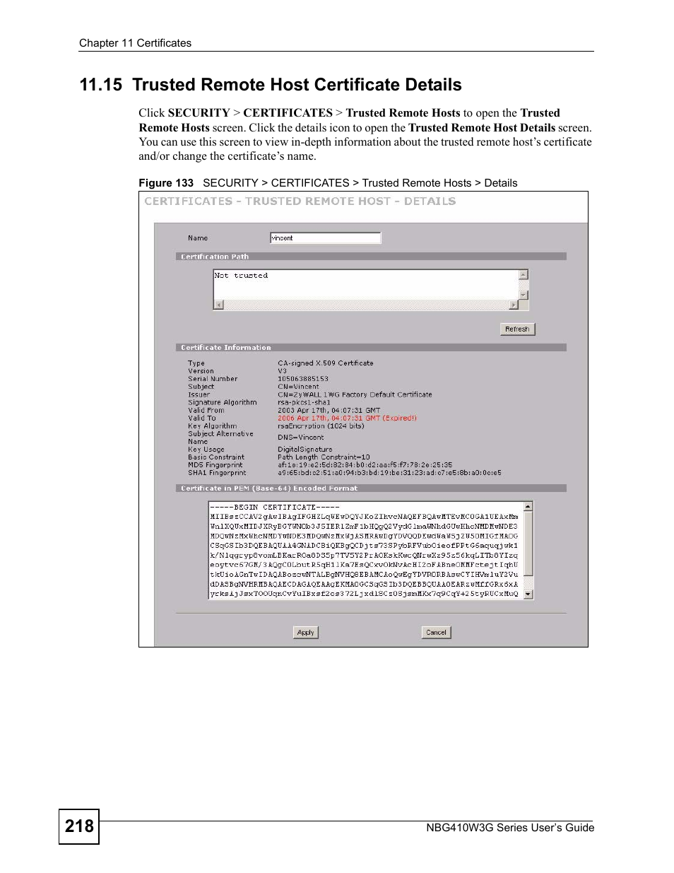 15 trusted remote host certificate details | ZyXEL Communications NBG410W3G User Manual | Page 218 / 430