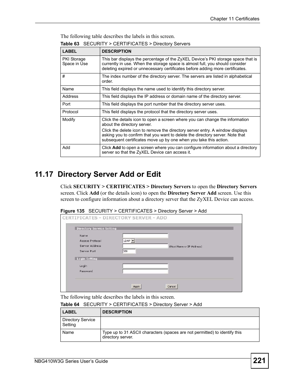 17 directory server add or edit | ZyXEL Communications NBG410W3G User Manual | Page 221 / 430