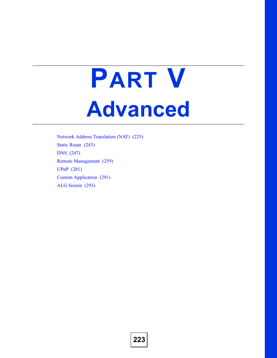 Advanced, Part v: advanced | ZyXEL Communications NBG410W3G User Manual | Page 223 / 430