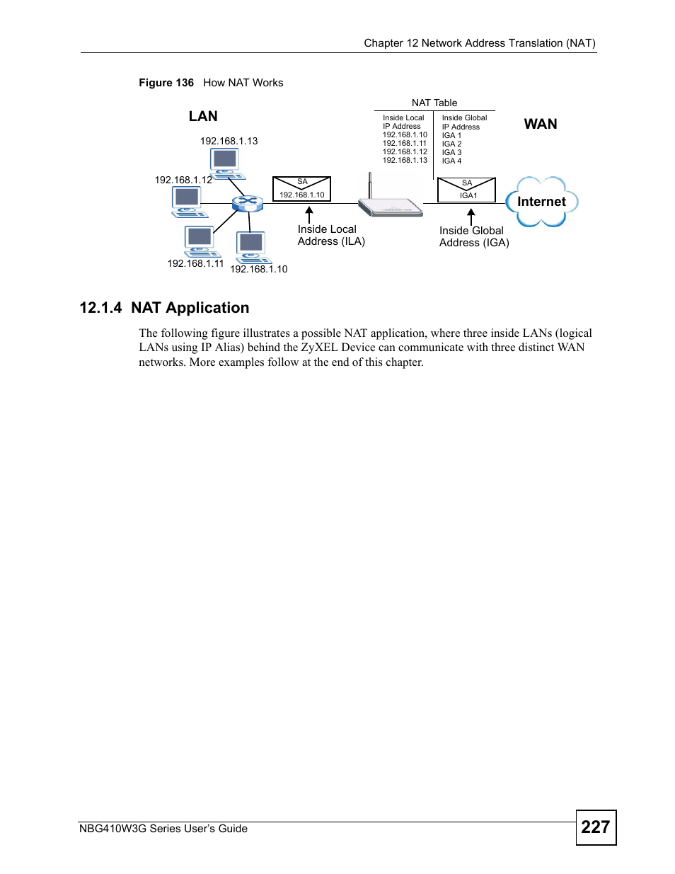 4 nat application, Figure 136 how nat works, Wan lan | Internet | ZyXEL Communications NBG410W3G User Manual | Page 227 / 430