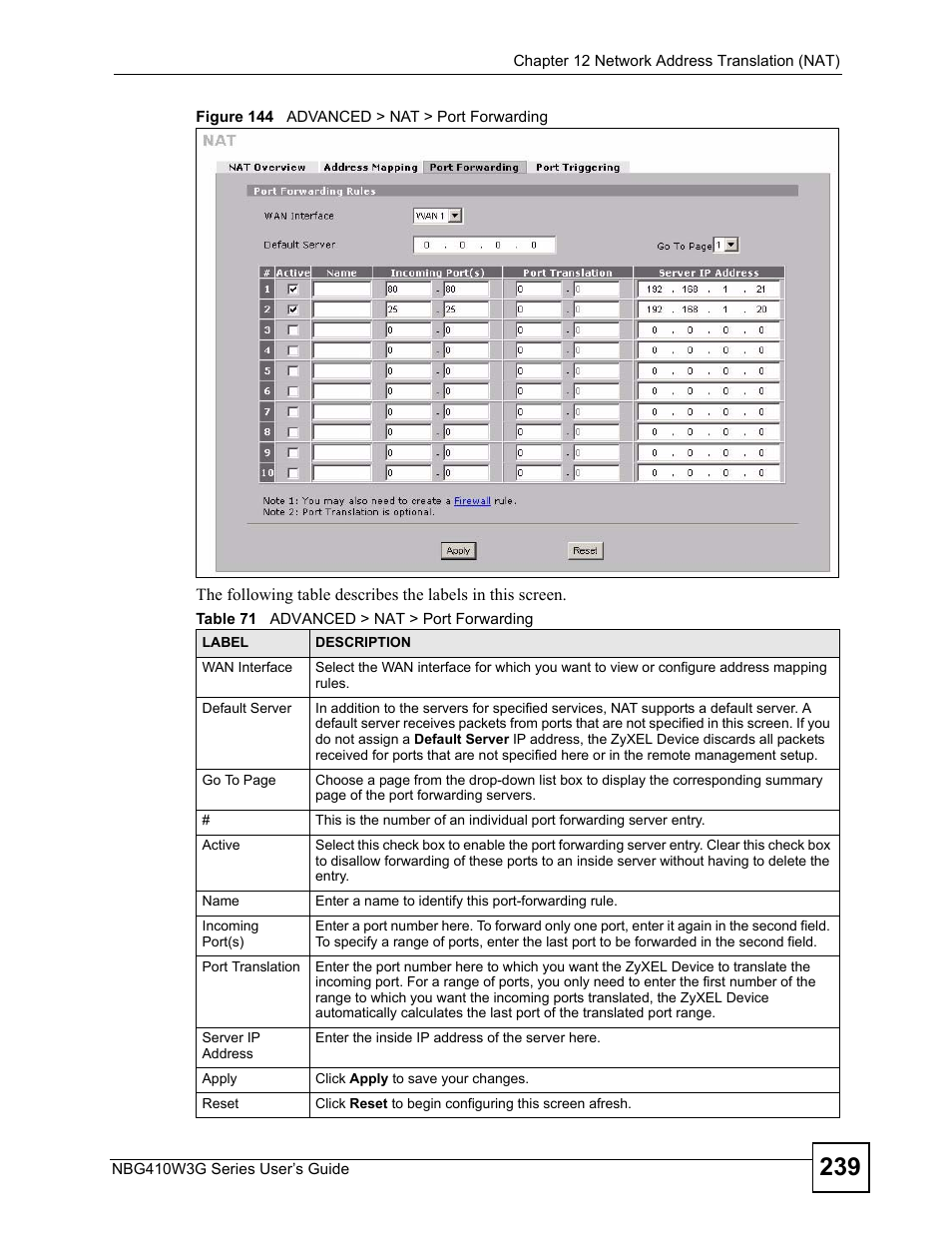 Figure 144 advanced > nat > port forwarding, Table 71 advanced > nat > port forwarding | ZyXEL Communications NBG410W3G User Manual | Page 239 / 430