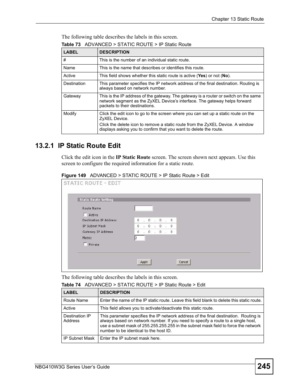 1 ip static route edit | ZyXEL Communications NBG410W3G User Manual | Page 245 / 430