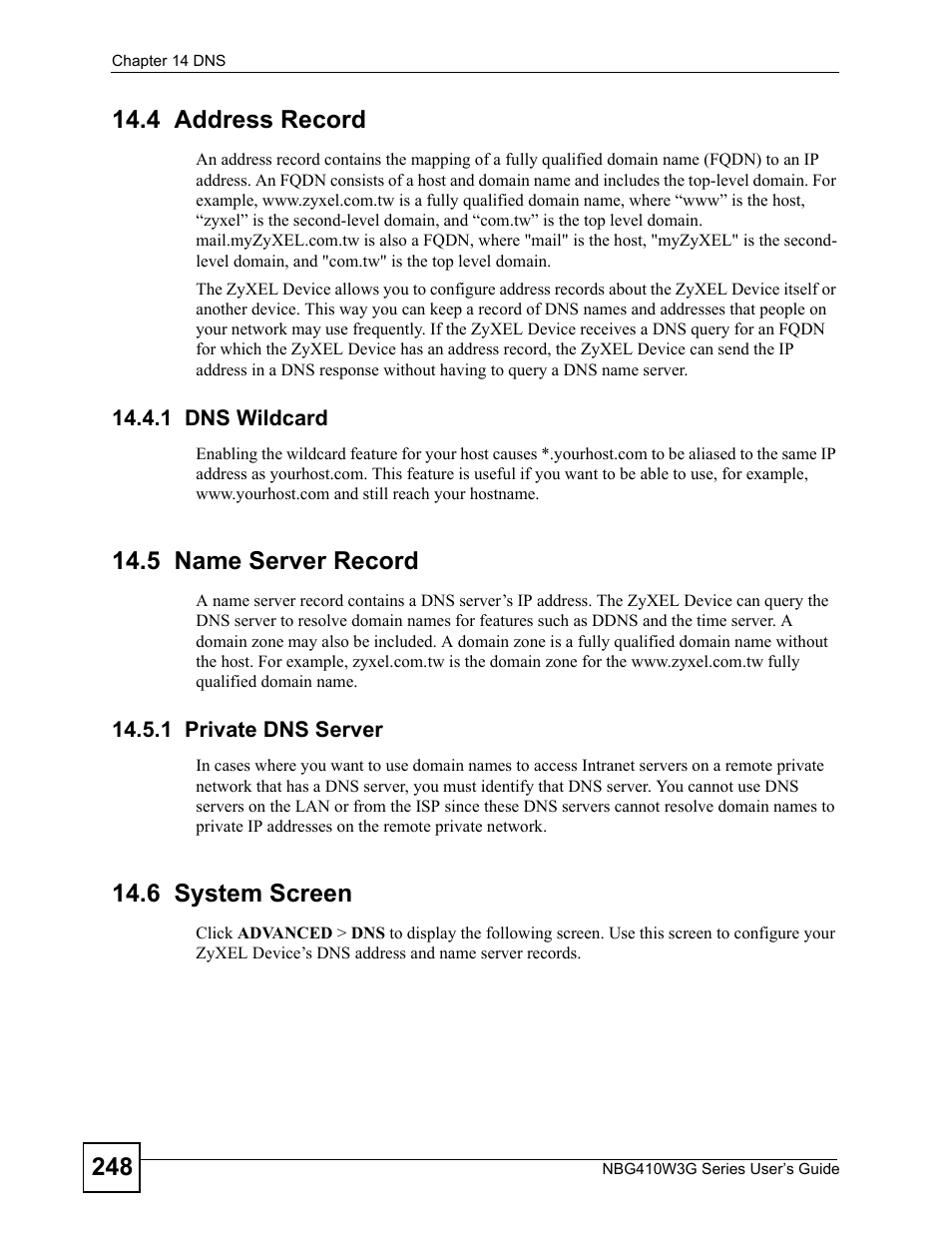 4 address record, 1 dns wildcard, 5 name server record | 1 private dns server, 6 system screen | ZyXEL Communications NBG410W3G User Manual | Page 248 / 430