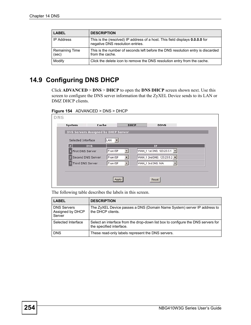 9 configuring dns dhcp, Figure 154 advanced > dns > dhcp | ZyXEL Communications NBG410W3G User Manual | Page 254 / 430