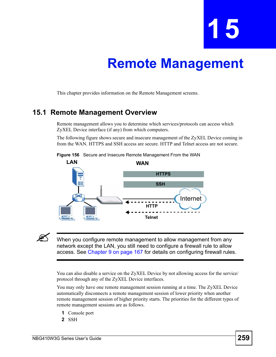 Remote management, 1 remote management overview, Chapter 15 remote management | Remote management (259) | ZyXEL Communications NBG410W3G User Manual | Page 259 / 430
