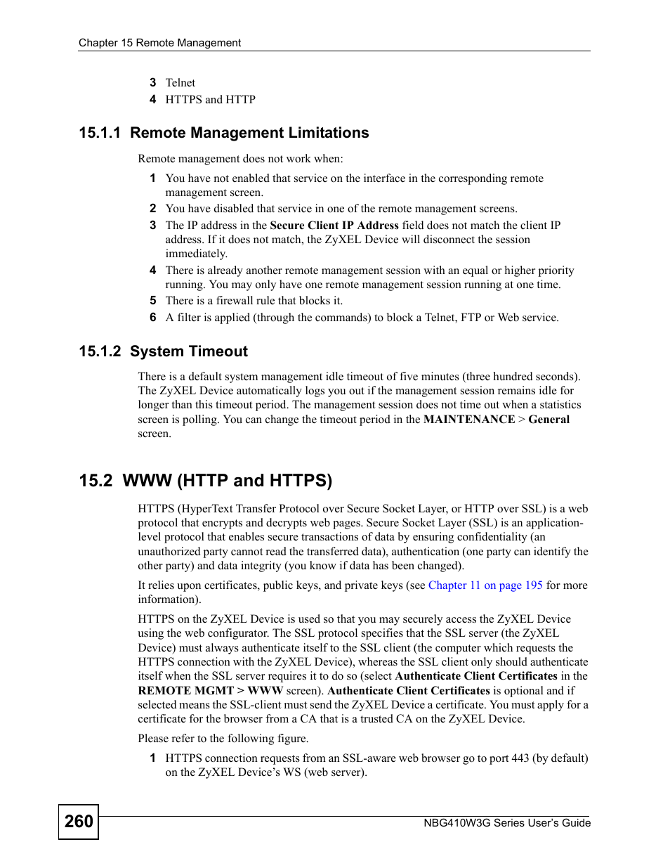 1 remote management limitations, 2 system timeout, 2 www (http and https) | ZyXEL Communications NBG410W3G User Manual | Page 260 / 430