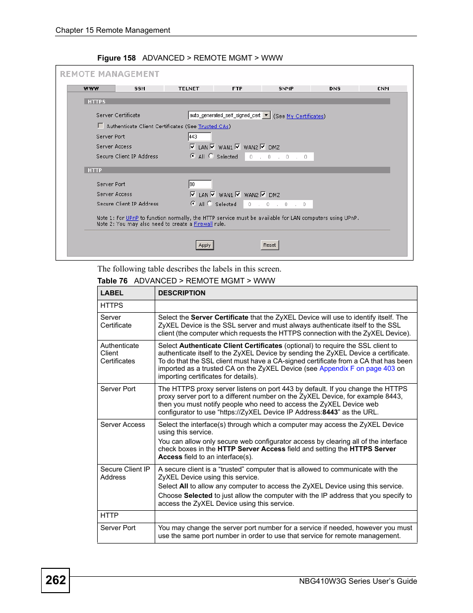 Figure 158 advanced > remote mgmt > www, Table 76 advanced > remote mgmt > www | ZyXEL Communications NBG410W3G User Manual | Page 262 / 430