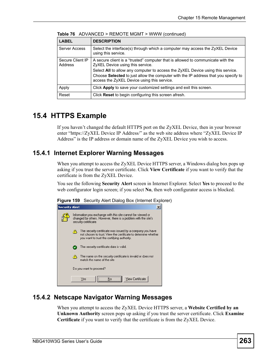 4 https example, 1 internet explorer warning messages, 2 netscape navigator warning messages | ZyXEL Communications NBG410W3G User Manual | Page 263 / 430