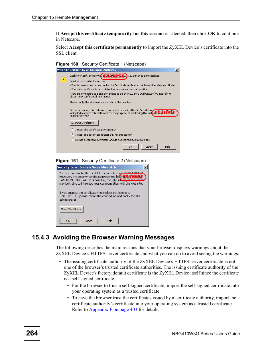 3 avoiding the browser warning messages | ZyXEL Communications NBG410W3G User Manual | Page 264 / 430