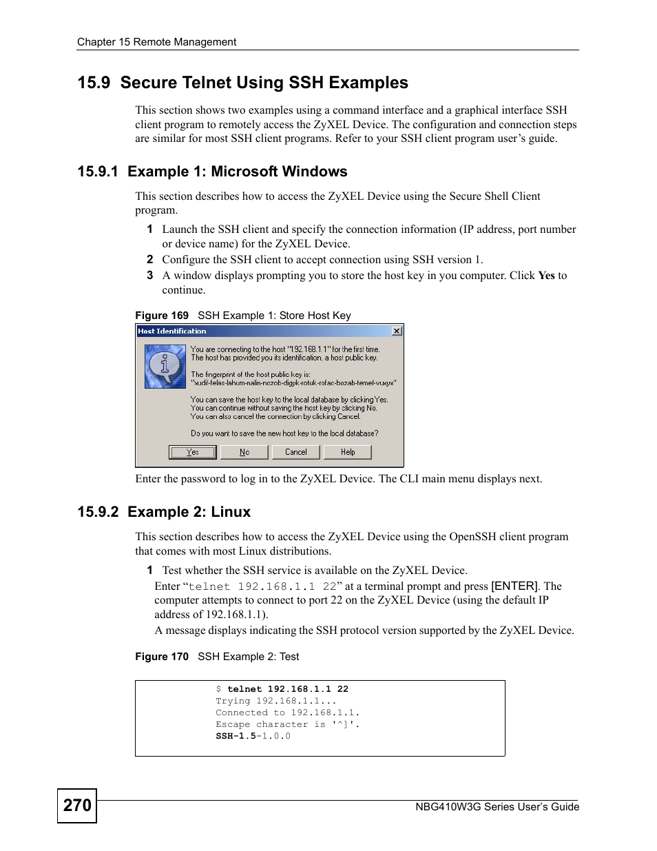 9 secure telnet using ssh examples, 1 example 1: microsoft windows, 2 example 2: linux | ZyXEL Communications NBG410W3G User Manual | Page 270 / 430