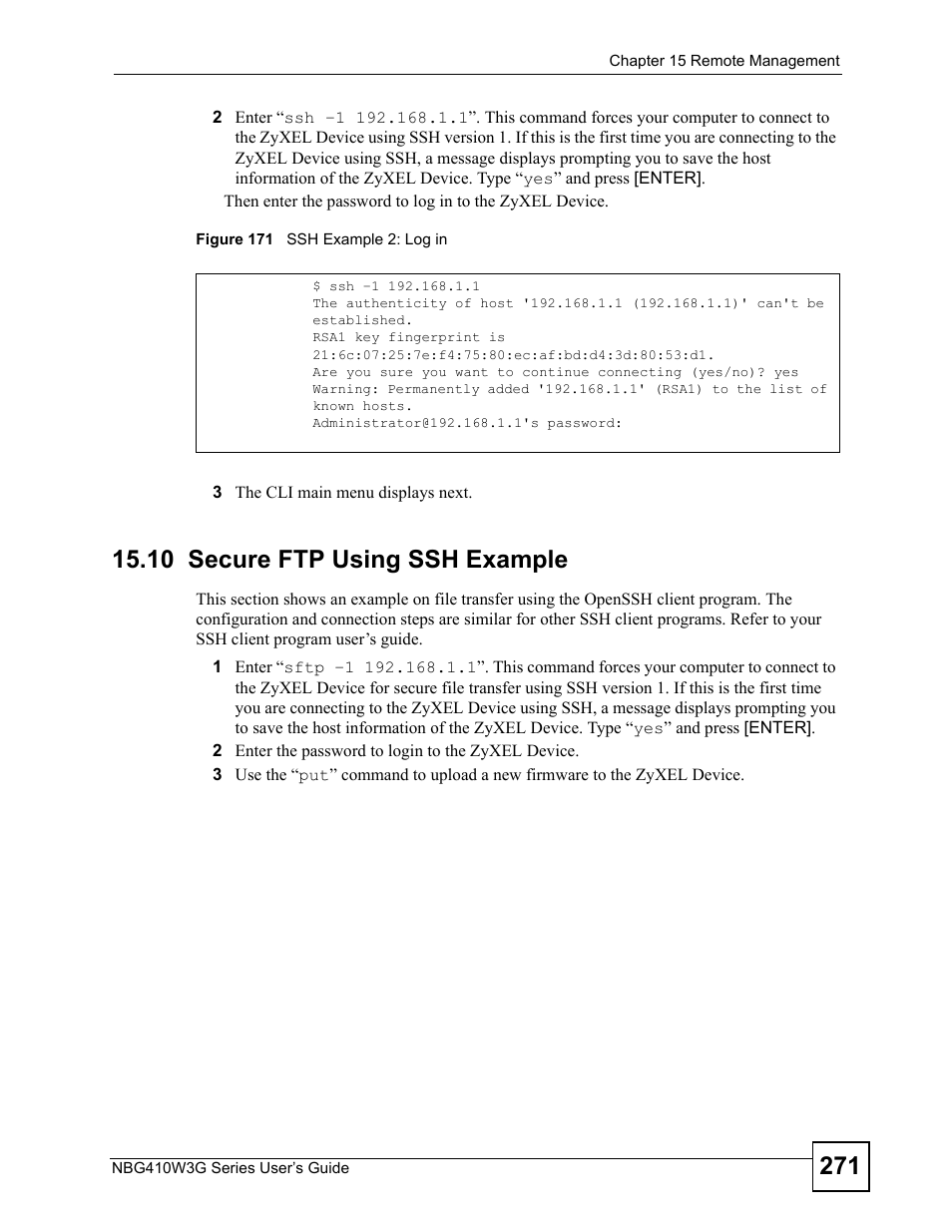 10 secure ftp using ssh example, Figure 171 ssh example 2: log in | ZyXEL Communications NBG410W3G User Manual | Page 271 / 430