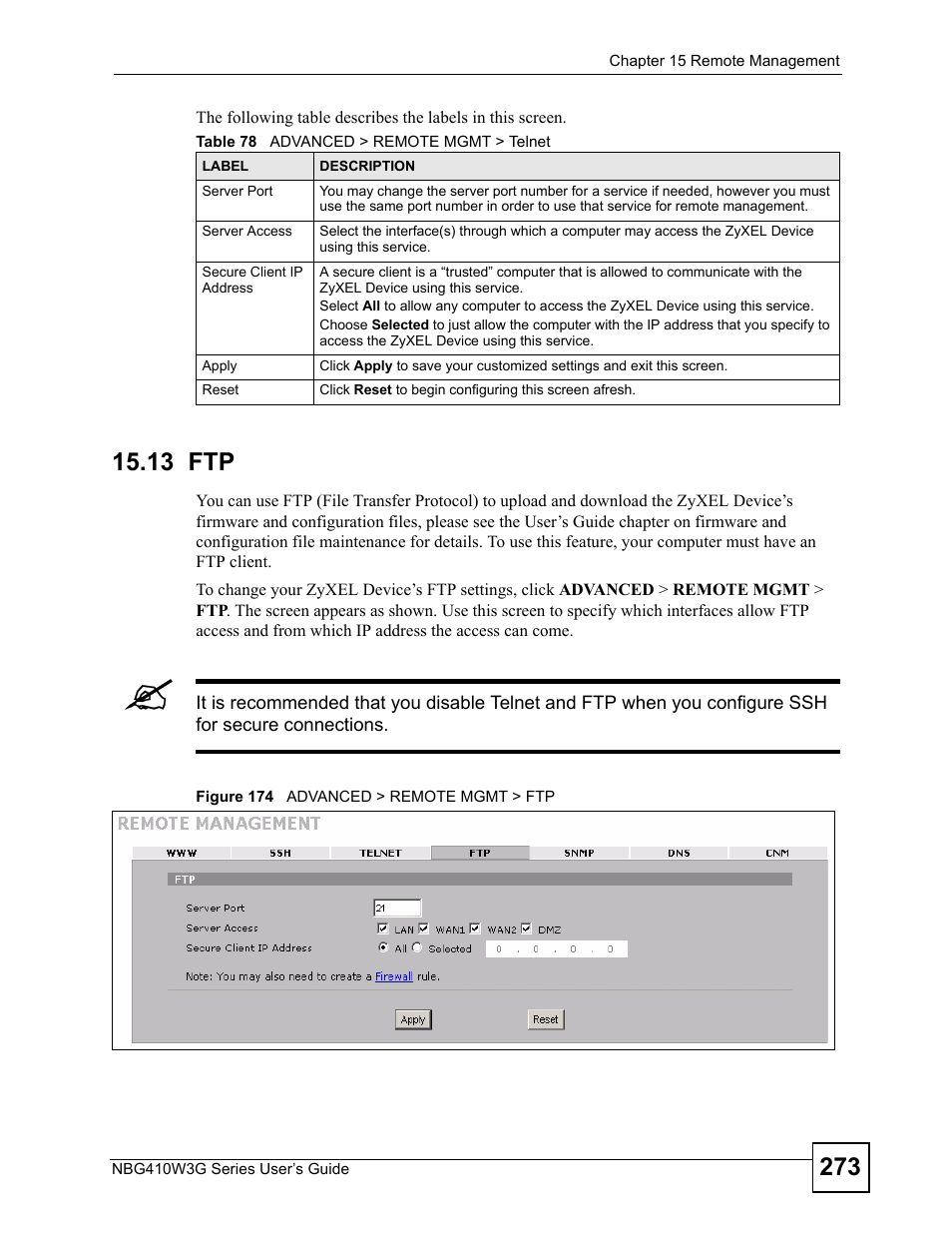 13 ftp, Figure 174 advanced > remote mgmt > ftp, Table 78 advanced > remote mgmt > telnet | ZyXEL Communications NBG410W3G User Manual | Page 273 / 430