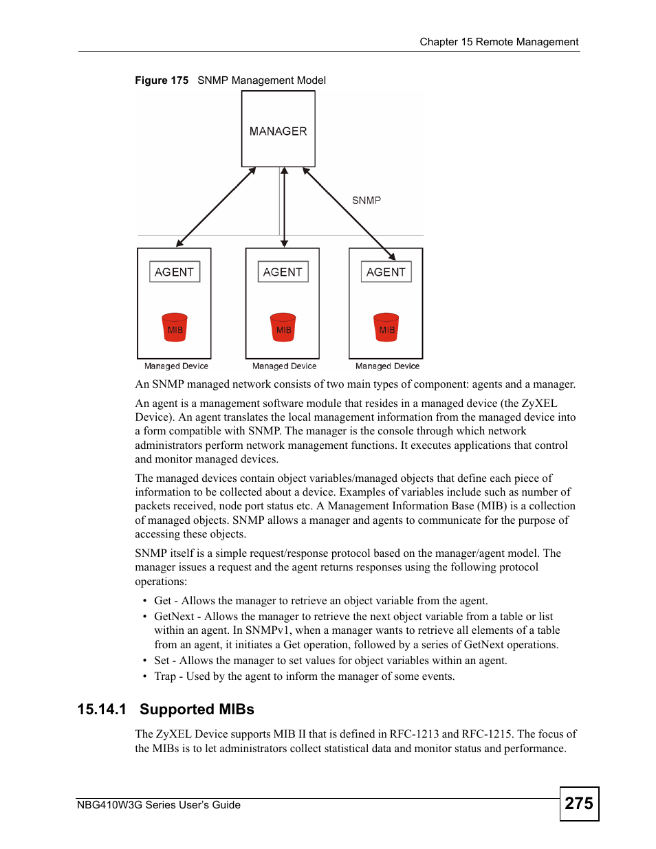 1 supported mibs, Figure 175 snmp management model | ZyXEL Communications NBG410W3G User Manual | Page 275 / 430