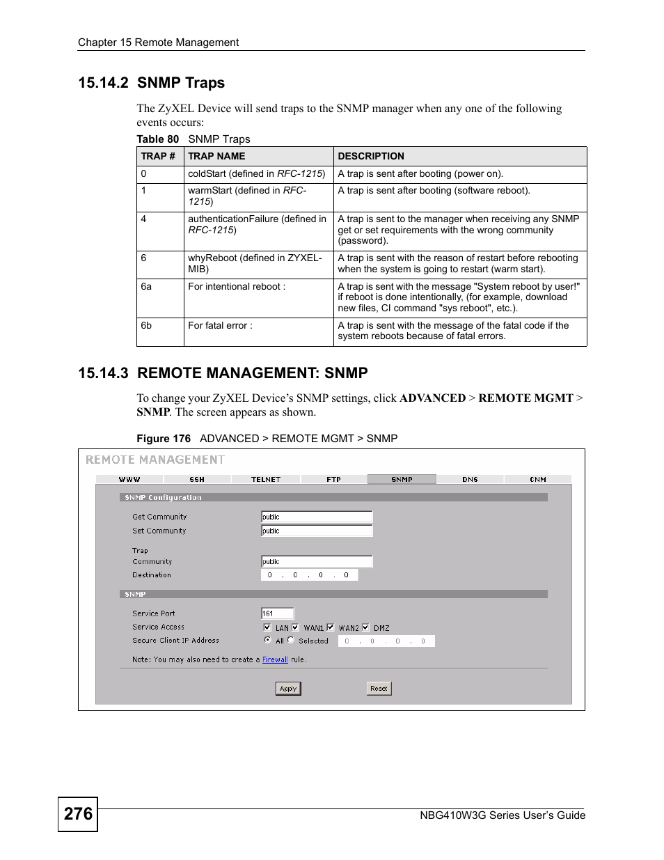 2 snmp traps, 3 remote management: snmp, 2 snmp traps 15.14.3 remote management: snmp | Figure 176 advanced > remote mgmt > snmp, Table 80 snmp traps | ZyXEL Communications NBG410W3G User Manual | Page 276 / 430