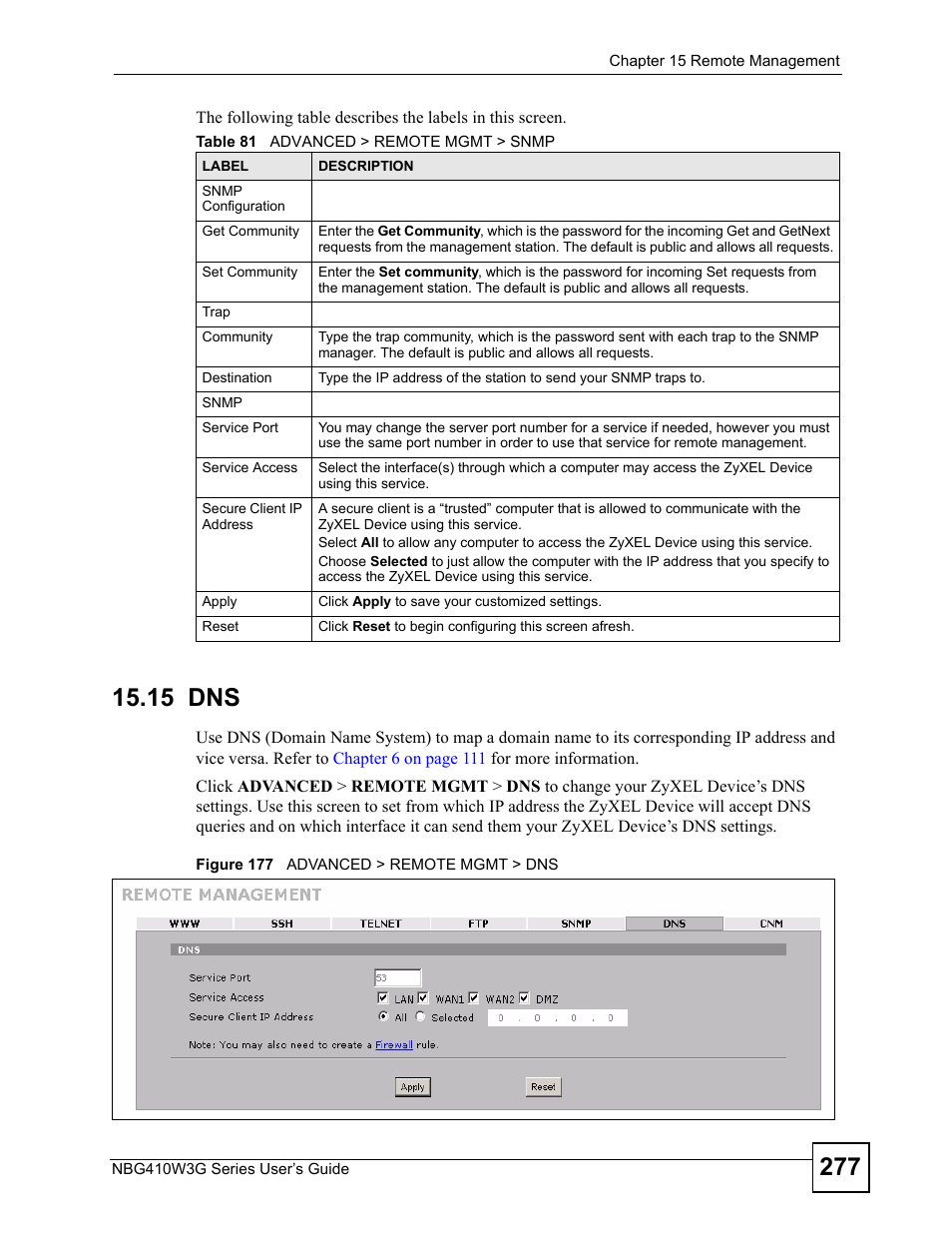 15 dns, Figure 177 advanced > remote mgmt > dns, Table 81 advanced > remote mgmt > snmp | ZyXEL Communications NBG410W3G User Manual | Page 277 / 430