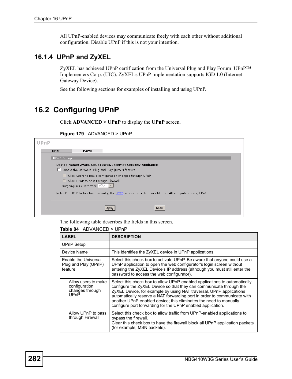 4 upnp and zyxel, 2 configuring upnp, Figure 179 advanced > upnp | Table 84 advanced > upnp | ZyXEL Communications NBG410W3G User Manual | Page 282 / 430