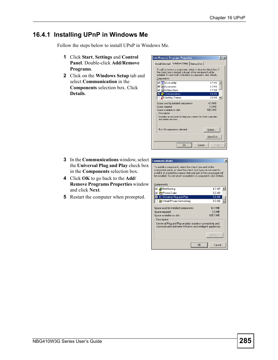 1 installing upnp in windows me | ZyXEL Communications NBG410W3G User Manual | Page 285 / 430