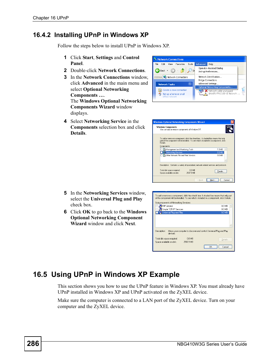 2 installing upnp in windows xp, 5 using upnp in windows xp example | ZyXEL Communications NBG410W3G User Manual | Page 286 / 430