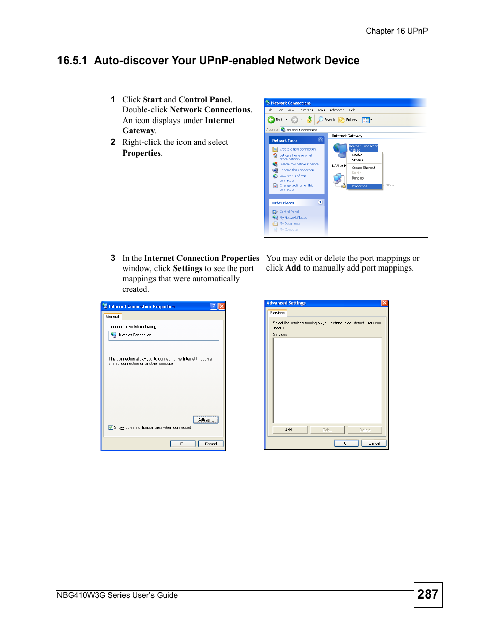 1 auto-discover your upnp-enabled network device | ZyXEL Communications NBG410W3G User Manual | Page 287 / 430