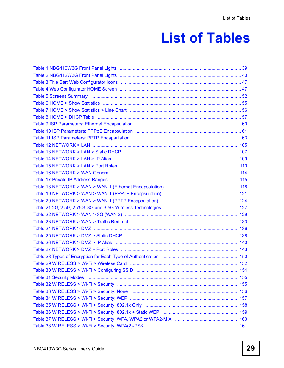 List of tables | ZyXEL Communications NBG410W3G User Manual | Page 29 / 430