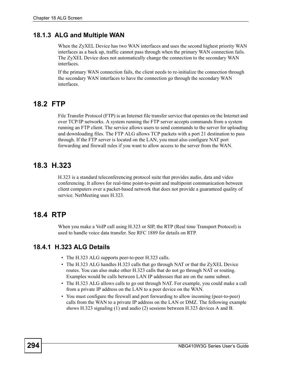 3 alg and multiple wan, 2 ftp, 3 h.323 | 4 rtp, 1 h.323 alg details, 2 ftp 18.3 h.323 18.4 rtp | ZyXEL Communications NBG410W3G User Manual | Page 294 / 430