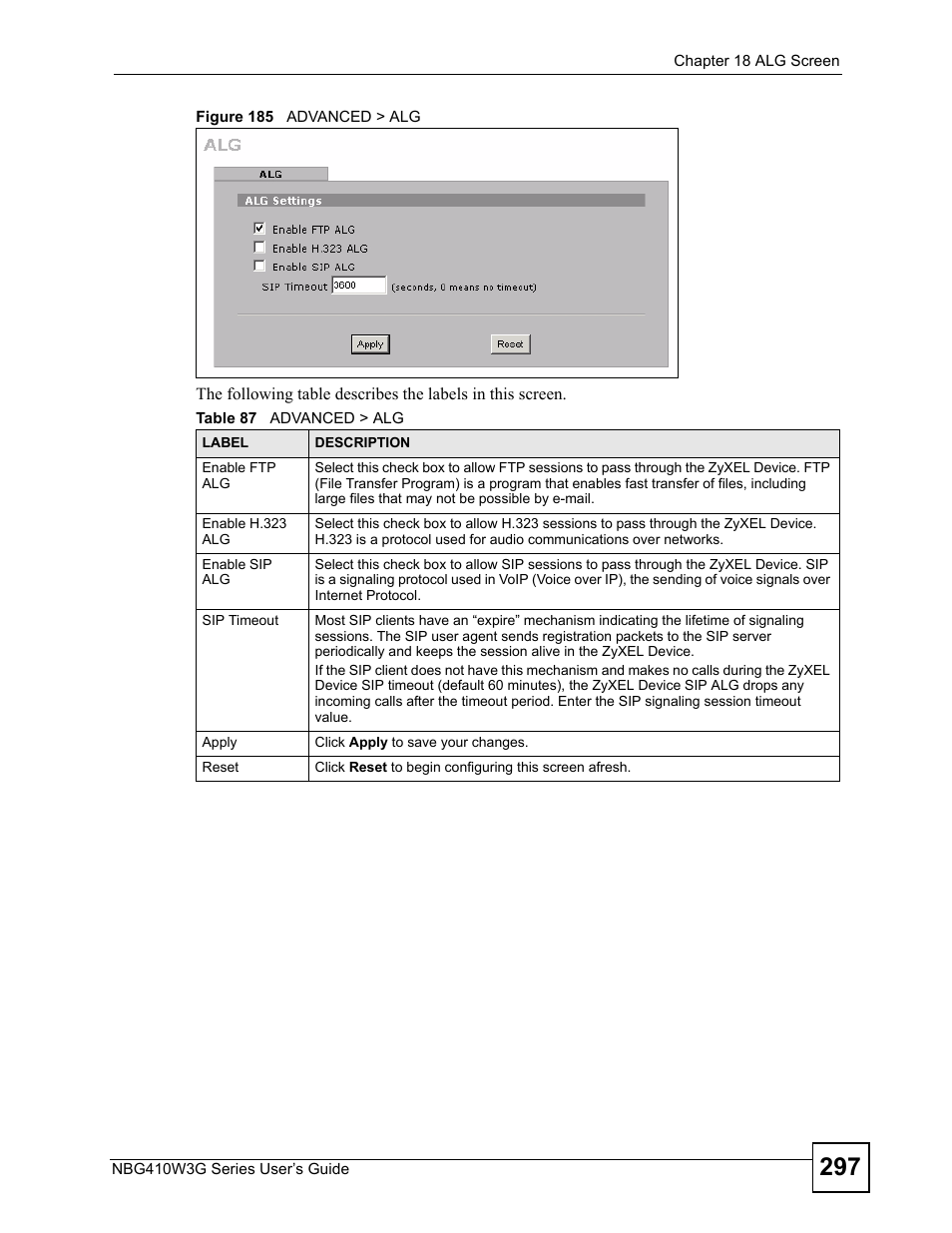 Figure 185 advanced > alg, Table 87 advanced > alg | ZyXEL Communications NBG410W3G User Manual | Page 297 / 430