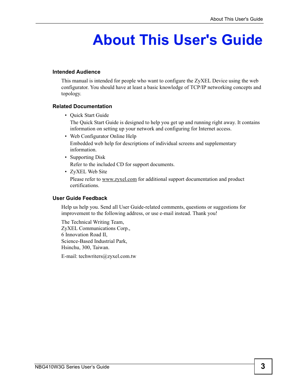 About this user's guide | ZyXEL Communications NBG410W3G User Manual | Page 3 / 430
