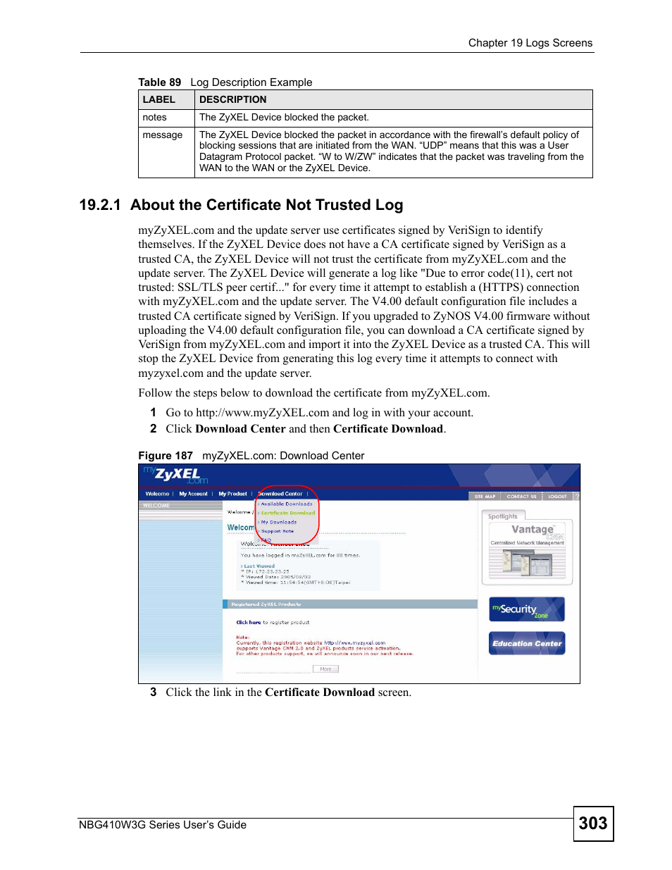 1 about the certificate not trusted log, Figure 187 myzyxel.com: download center | ZyXEL Communications NBG410W3G User Manual | Page 303 / 430