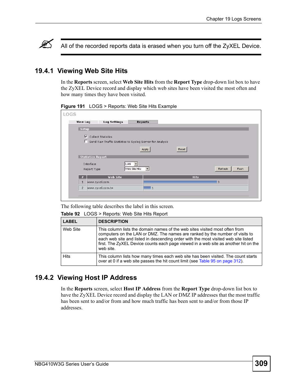 1 viewing web site hits, 2 viewing host ip address, Figure 191 logs > reports: web site hits example | Table 92 logs > reports: web site hits report | ZyXEL Communications NBG410W3G User Manual | Page 309 / 430