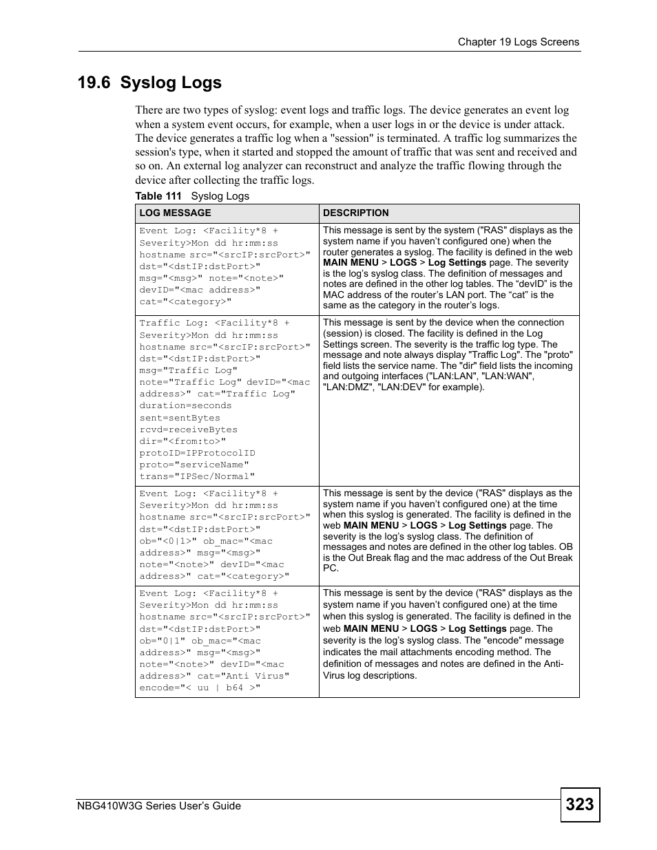 6 syslog logs, Table 111 syslog logs | ZyXEL Communications NBG410W3G User Manual | Page 323 / 430