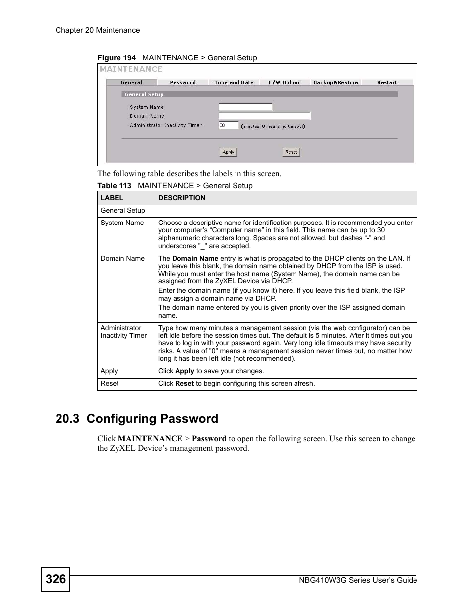 3 configuring password, Figure 194 maintenance > general setup, Table 113 maintenance > general setup | ZyXEL Communications NBG410W3G User Manual | Page 326 / 430