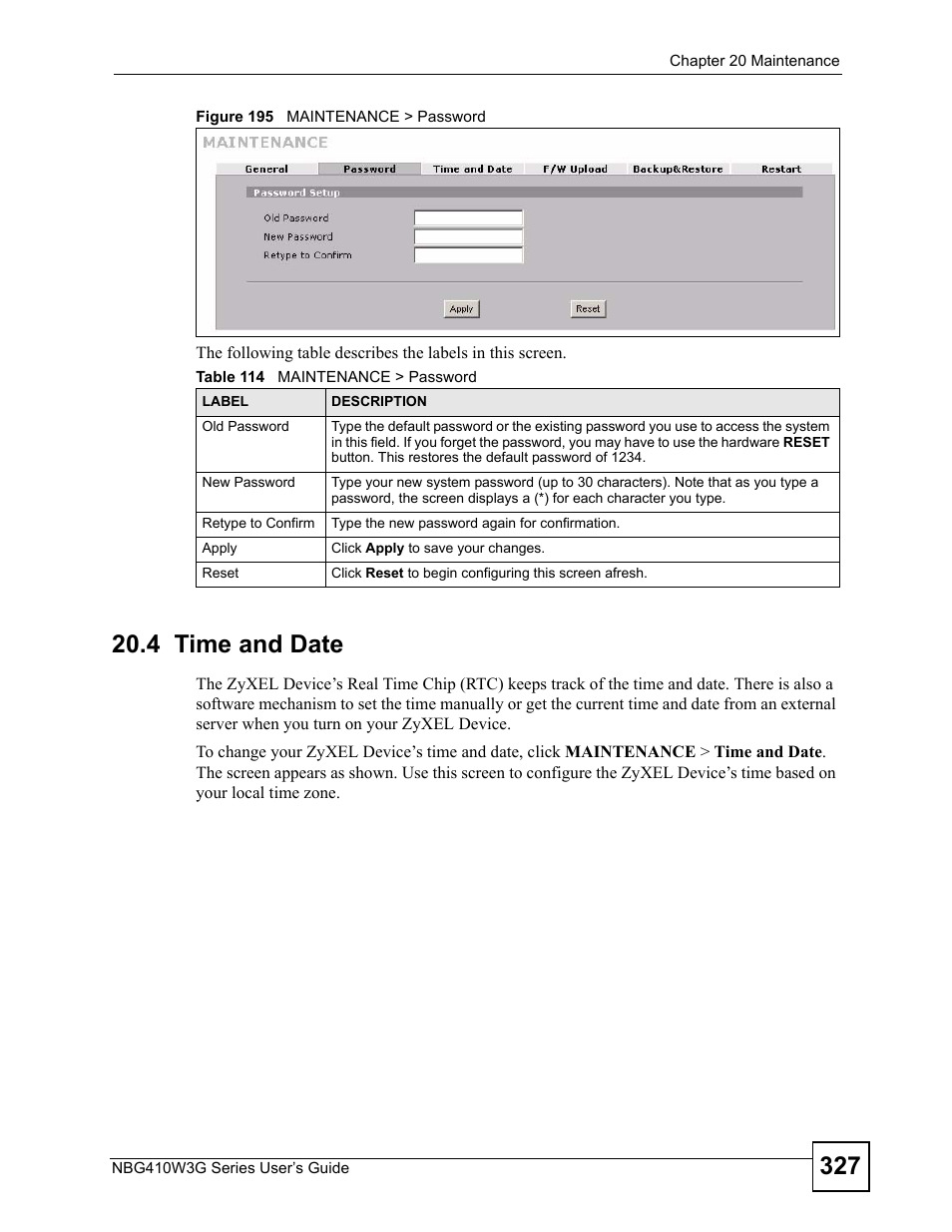 4 time and date, Figure 195 maintenance > password, Table 114 maintenance > password | ZyXEL Communications NBG410W3G User Manual | Page 327 / 430
