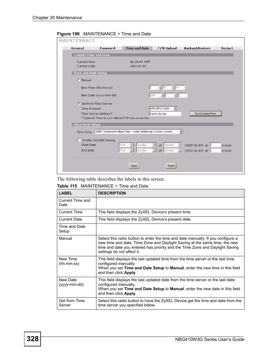 Figure 196 maintenance > time and date, Table 115 maintenance > time and date | ZyXEL Communications NBG410W3G User Manual | Page 328 / 430