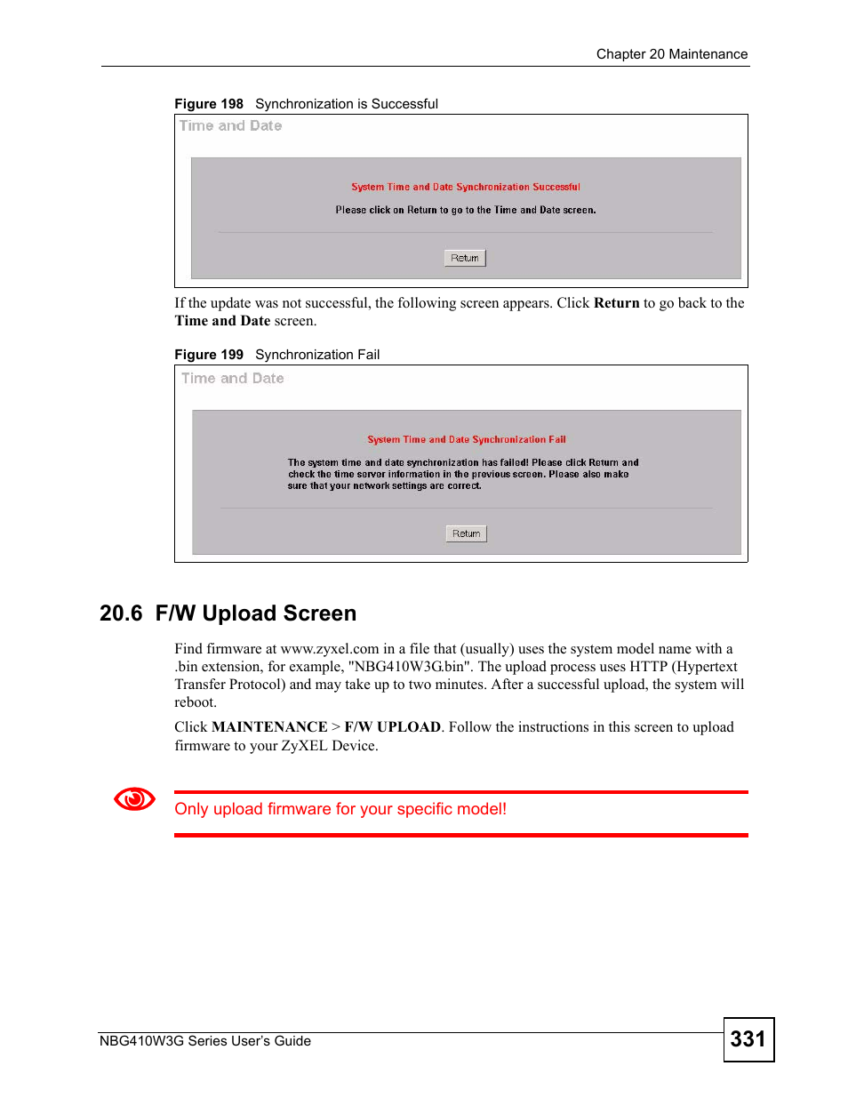6 f/w upload screen | ZyXEL Communications NBG410W3G User Manual | Page 331 / 430