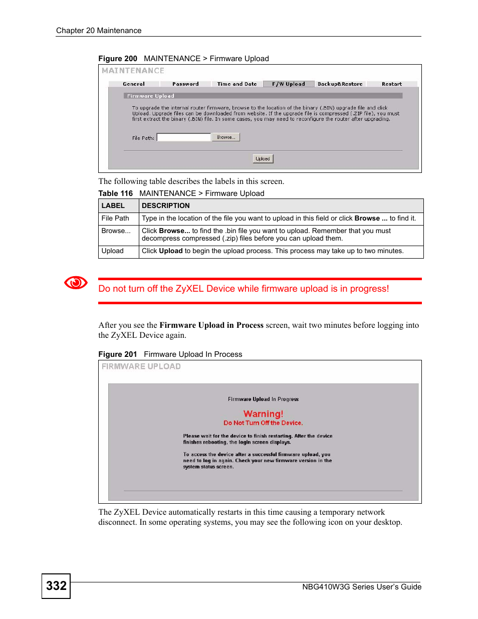 Table 116 maintenance > firmware upload | ZyXEL Communications NBG410W3G User Manual | Page 332 / 430
