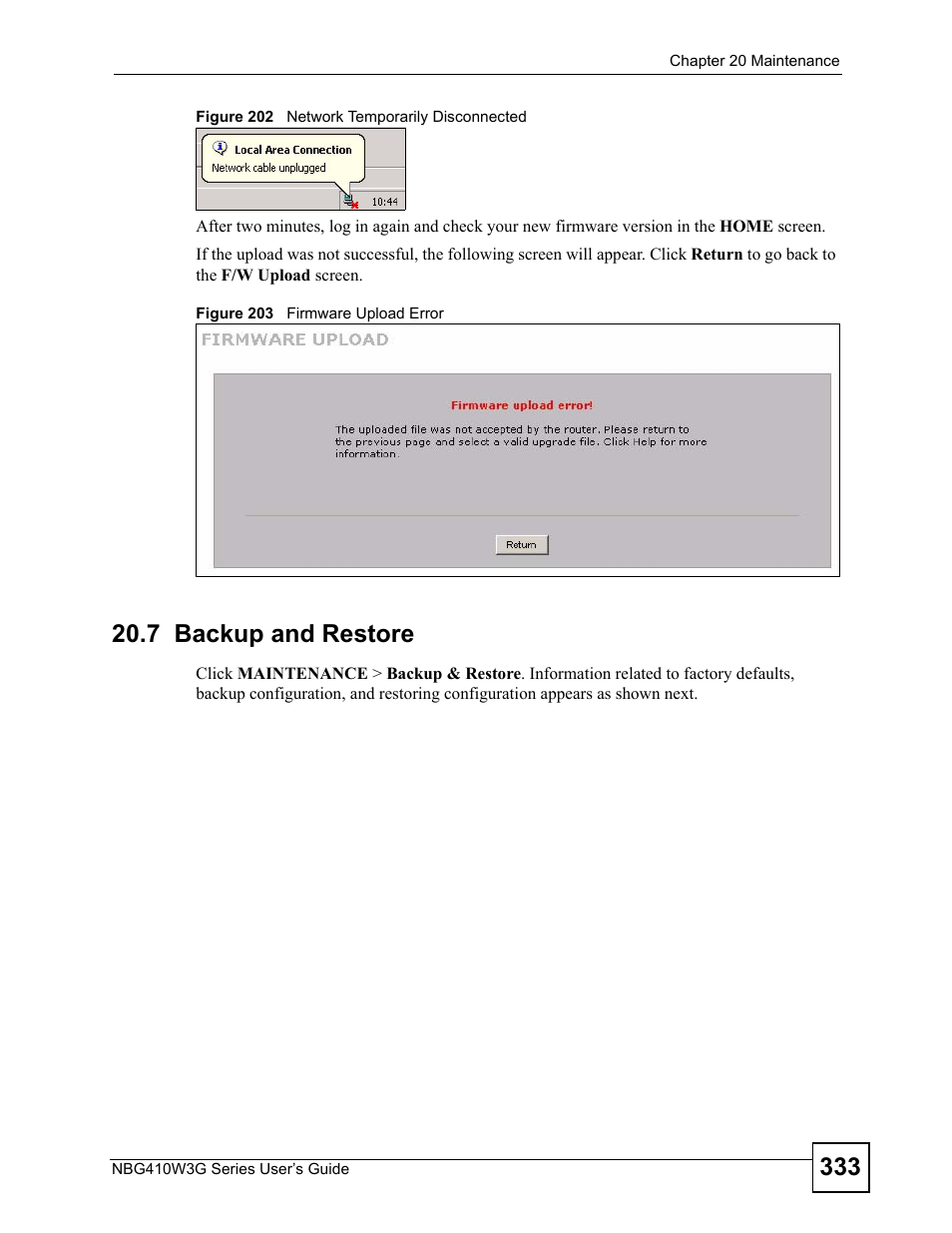 7 backup and restore | ZyXEL Communications NBG410W3G User Manual | Page 333 / 430