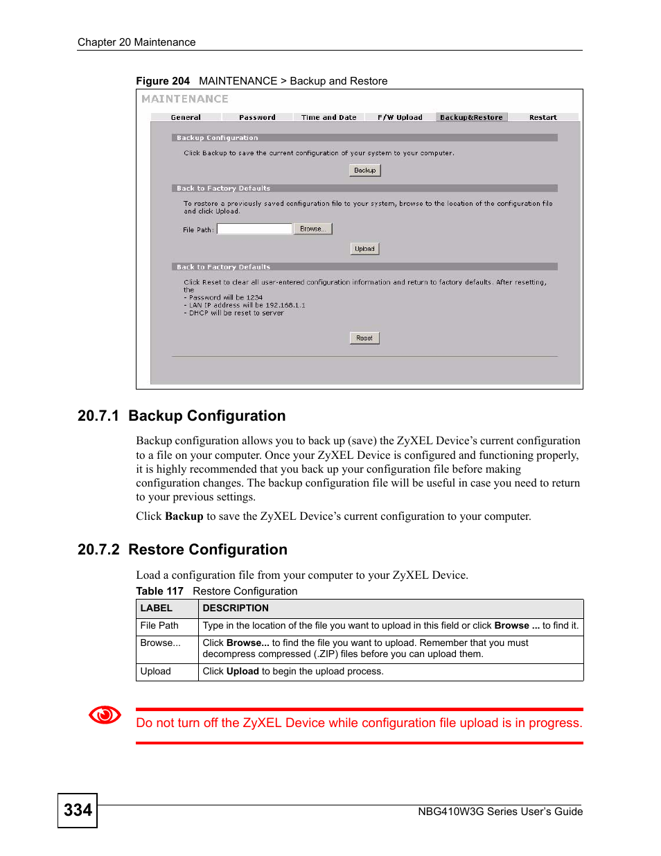 1 backup configuration, 2 restore configuration, Figure 204 maintenance > backup and restore | Table 117 restore configuration | ZyXEL Communications NBG410W3G User Manual | Page 334 / 430