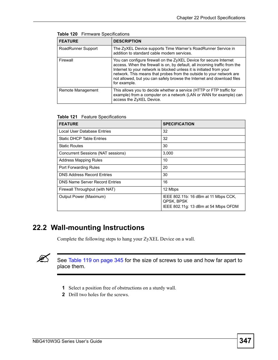 2 wall-mounting instructions, Table 121 feature specifications | ZyXEL Communications NBG410W3G User Manual | Page 347 / 430