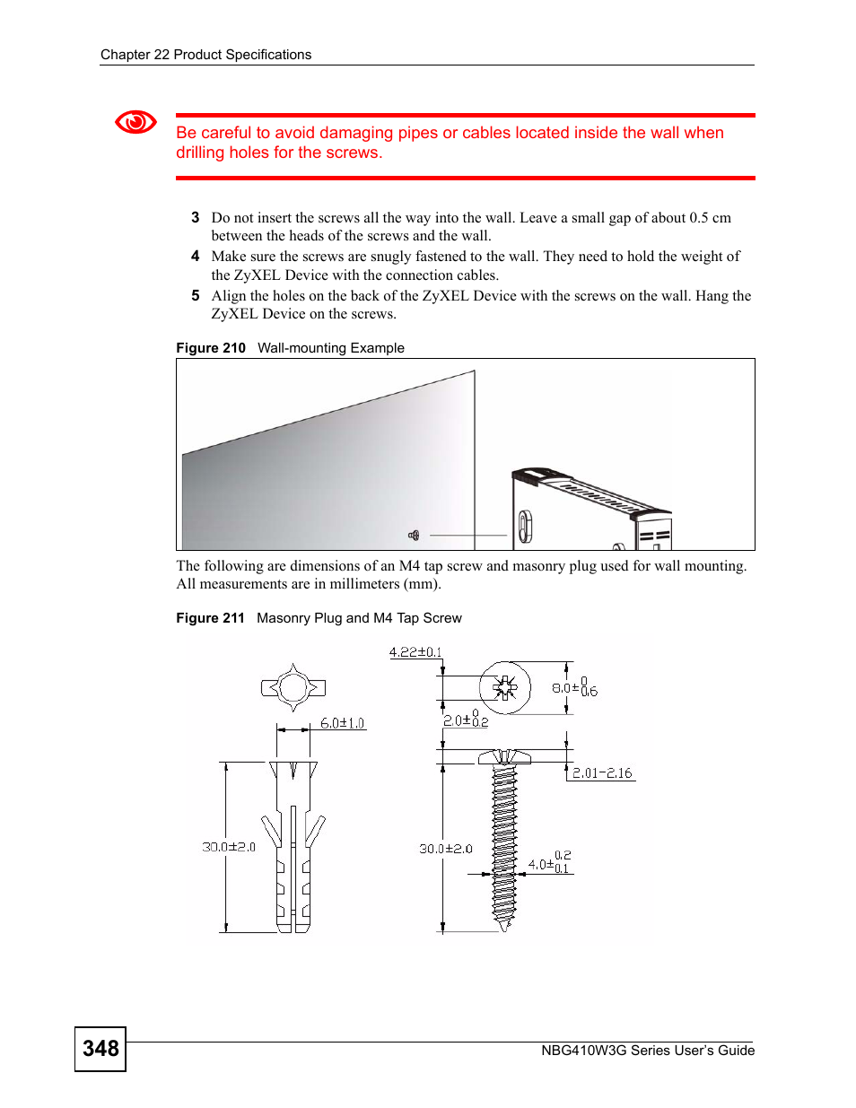 Figure 210 wall-mounting example, Figure 211 masonry plug and m4 tap screw | ZyXEL Communications NBG410W3G User Manual | Page 348 / 430