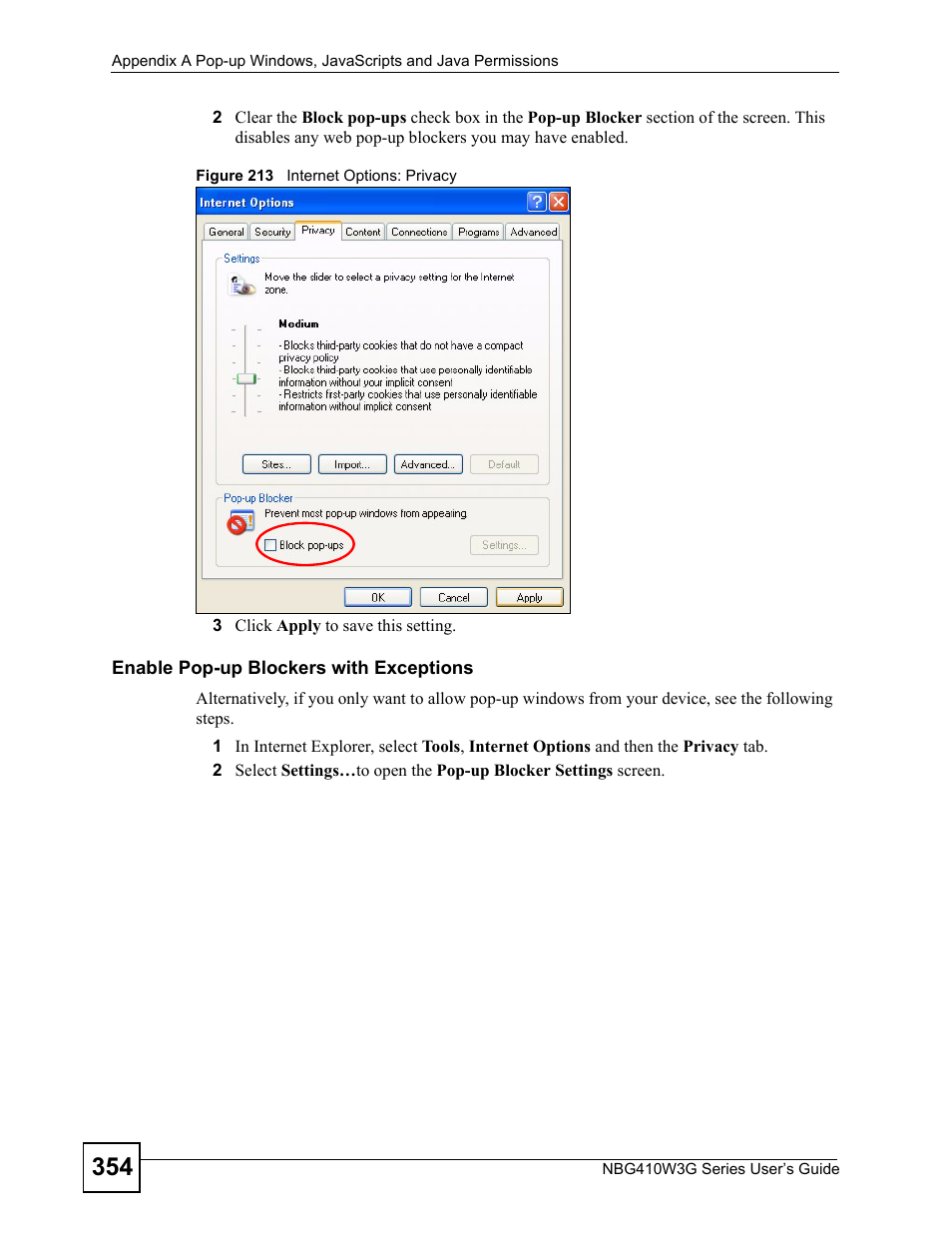 Figure 213 internet options: privacy | ZyXEL Communications NBG410W3G User Manual | Page 354 / 430