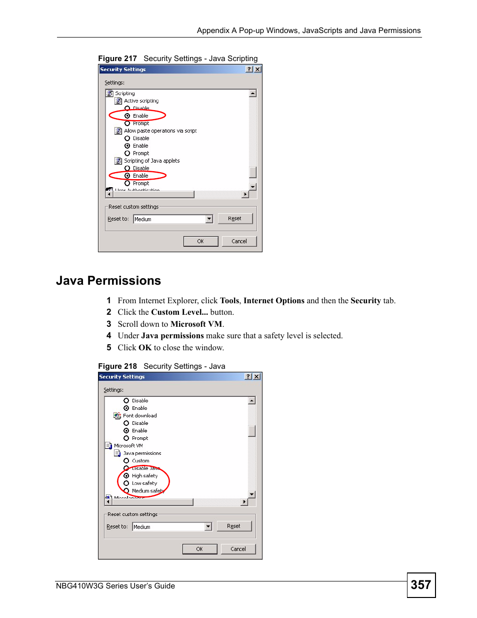 Java permissions | ZyXEL Communications NBG410W3G User Manual | Page 357 / 430