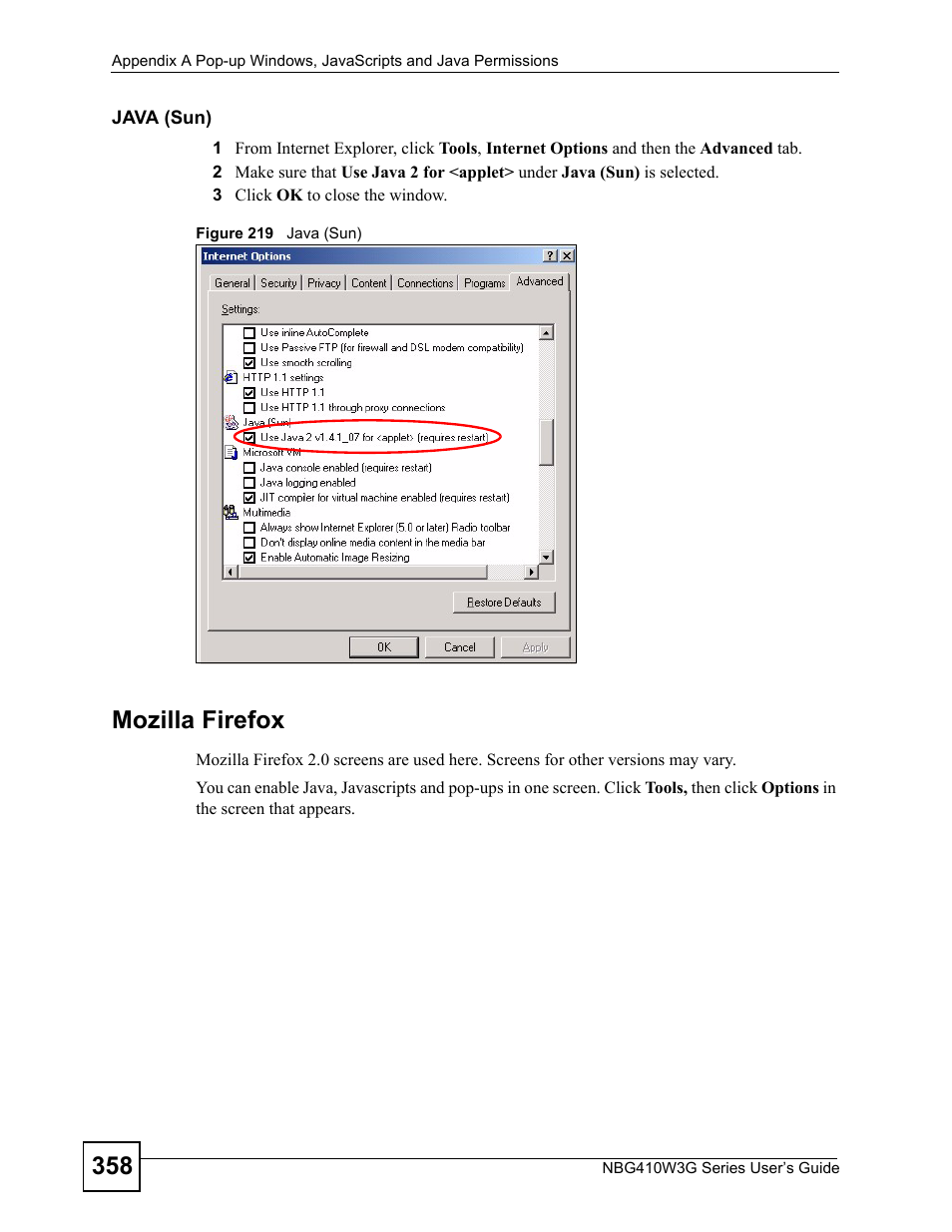 Figure 219 java (sun), Mozilla firefox | ZyXEL Communications NBG410W3G User Manual | Page 358 / 430
