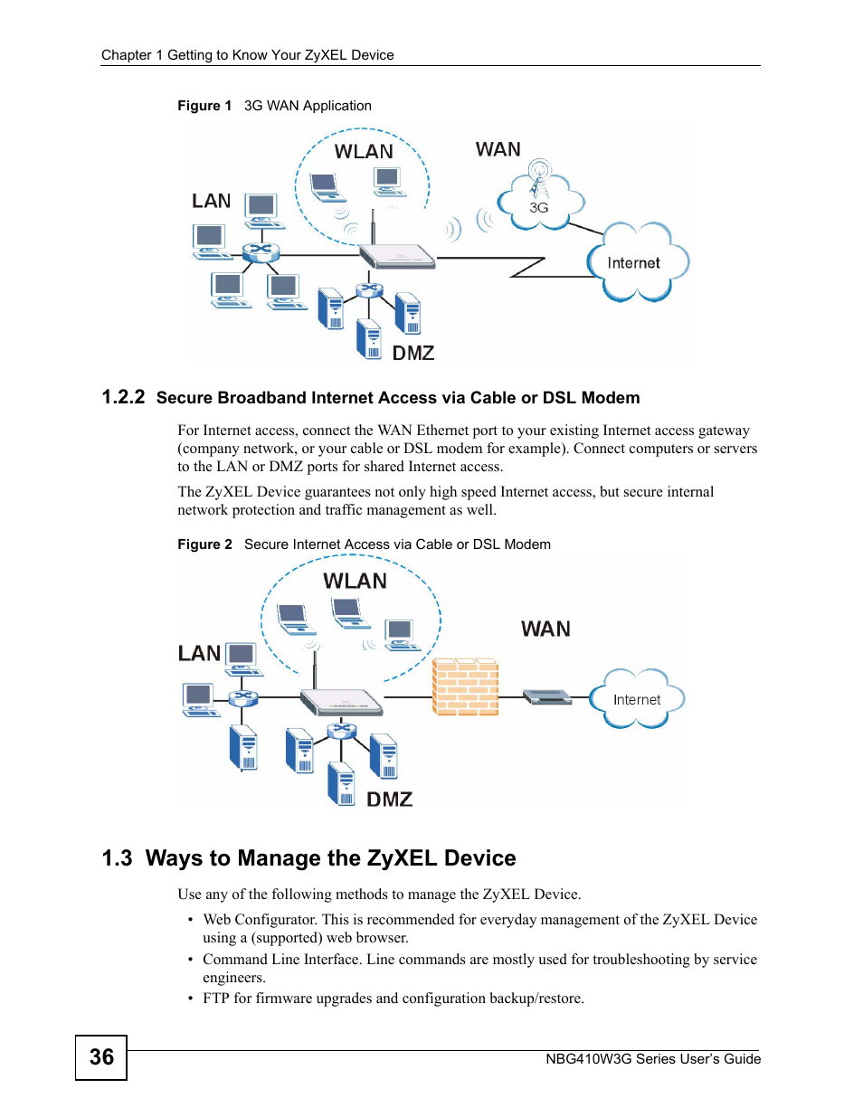 3 ways to manage the zyxel device | ZyXEL Communications NBG410W3G User Manual | Page 36 / 430