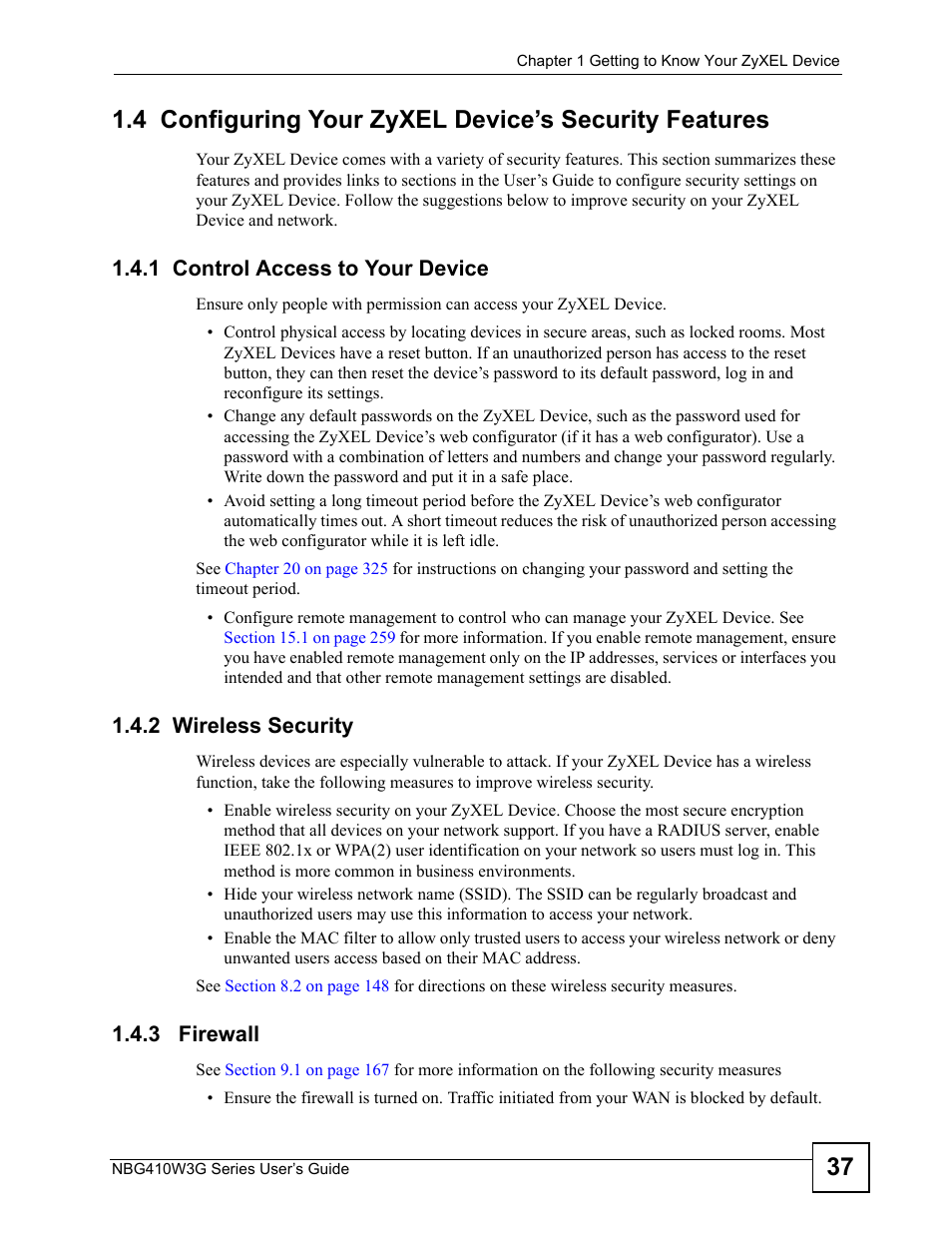 1 control access to your device, 2 wireless security, 3 firewall | ZyXEL Communications NBG410W3G User Manual | Page 37 / 430