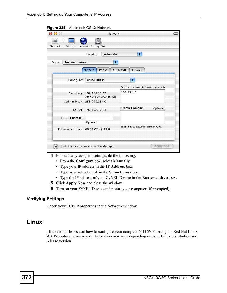 Figure 235 macintosh os x: network, Linux | ZyXEL Communications NBG410W3G User Manual | Page 372 / 430