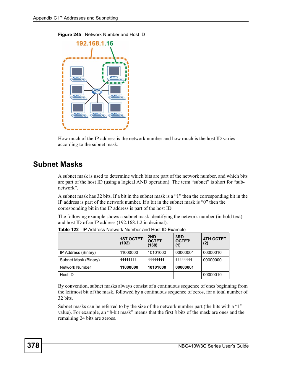 Figure 245 network number and host id, Subnet masks | ZyXEL Communications NBG410W3G User Manual | Page 378 / 430